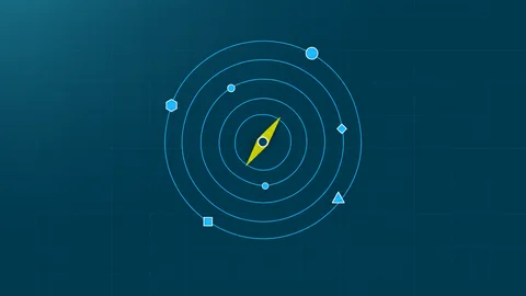 Illustration of a compass surrounded by orbiting markers, representing consultant guided GRC tool rollouts.