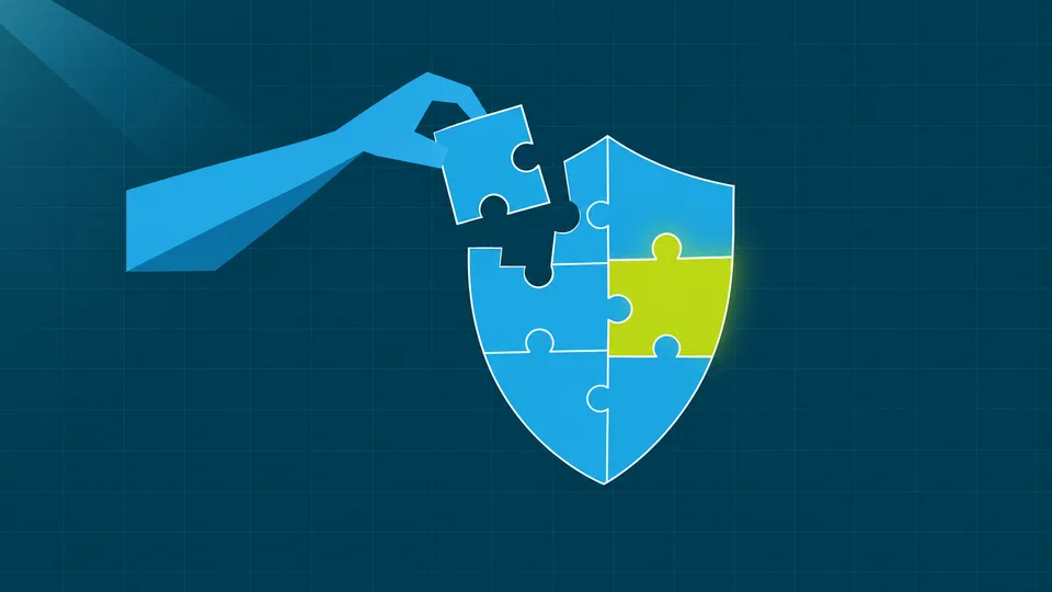 Illustration of a shield being assembled piece by piece, representing GRC tool implementation and operation.