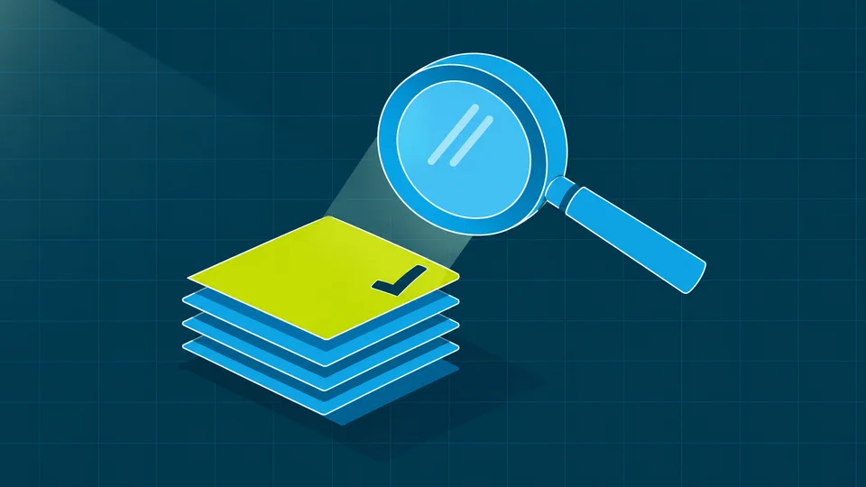 Illustration of a magnifying glass reviewing a stack of documents, representing outsourced security audits.